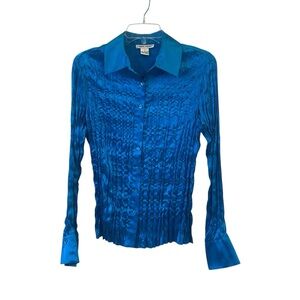 Vintage Vibrant Blue Crinkle Long Sleeved Button Down Blouse Size Small
